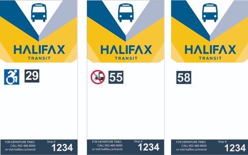 Examples of the three Bus Stop Types signs (Standard ALF, Inaccessible, and Non-Standard ALF) described above.