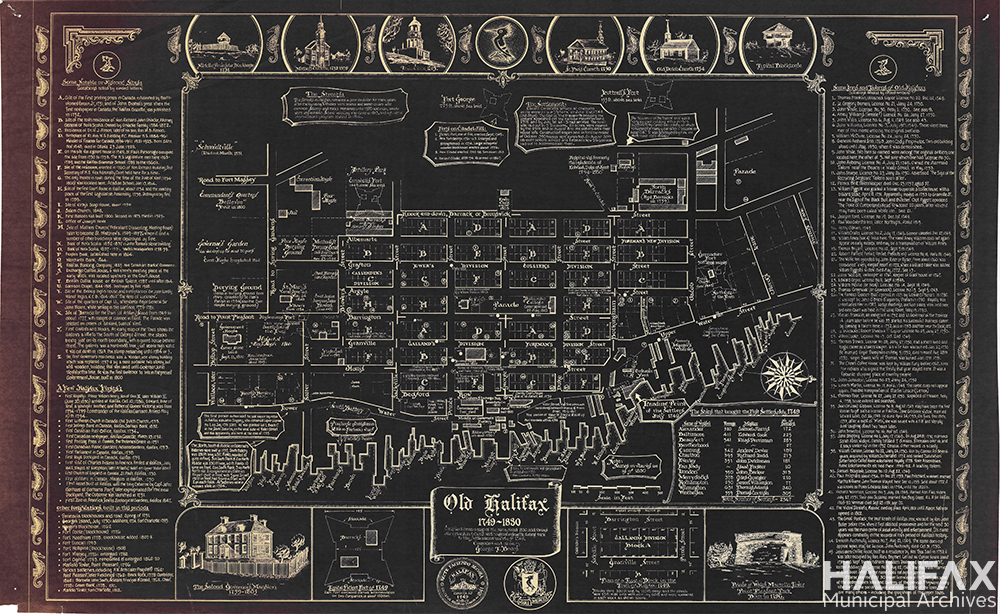Map of the Halifax peninsula with dark background and white lines, showing locations and drawings of historic buildings and events.