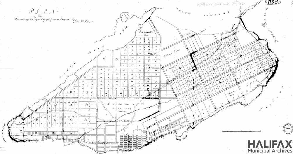 Faded black and white line drawing of street plan layout and suburbs of Halifax peninsula