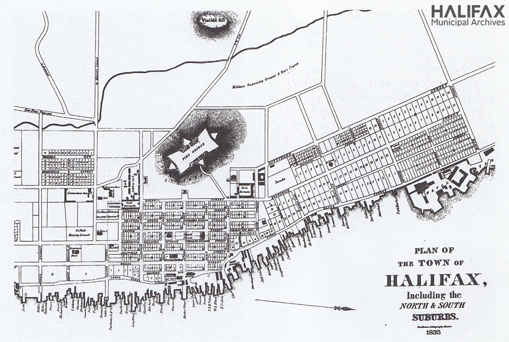 A black and white plan of Halifax showing downtown with waterfront wharfs, Fort George, the Navel Yard and numbered properties.