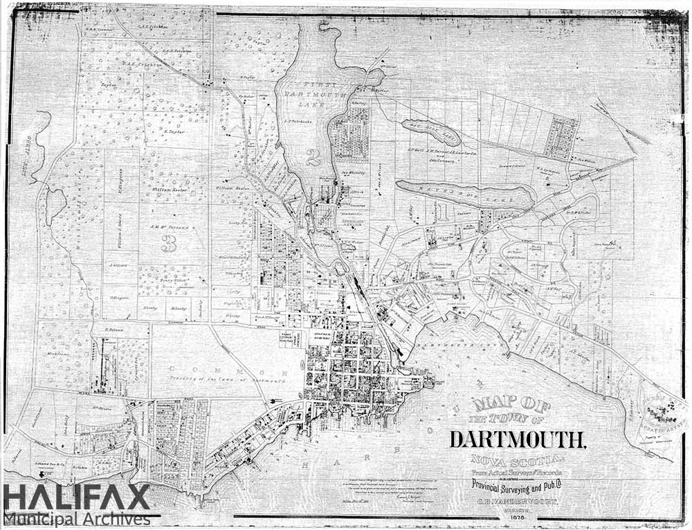 Black and white copy of a plan of Dartmouth showing streets, building footprints, landowners, natural features, and wards.