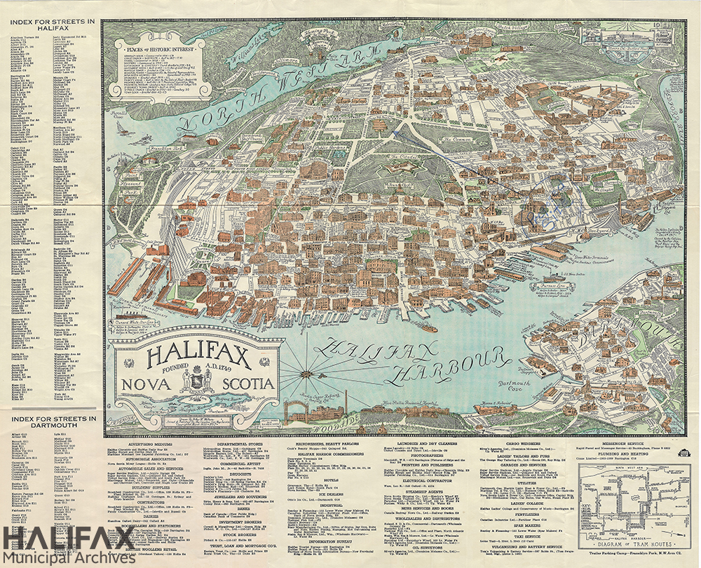 A coloured Map of Halifax City area, with business index. Contains illustration, post printing, of a marked spot for a planned Information Booth.