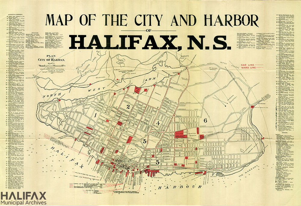 Colour map of Halifax peninsula showing streets, name and location of businesses  and public buildings, harbour depths, tram car lines, ward divisions, steamship lines and underwater cable lines. Business directory listings along edge of map.