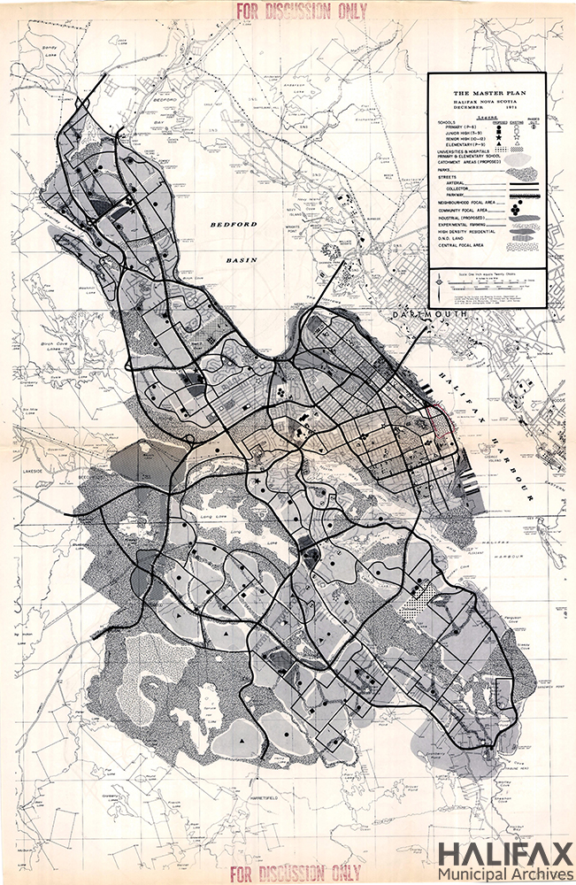 Sepia map showing City of Halifax, including peninsula, Fairview, Spryfield, and Rockingham.