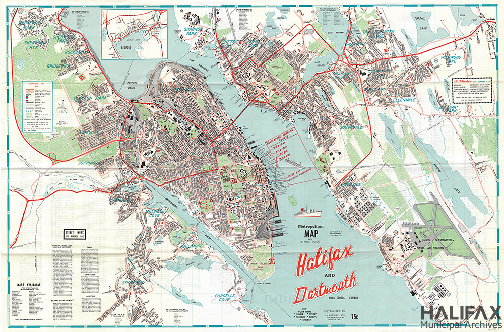 Colour map of the Halifax peninsula, Halifax Harbour, Dartmouth, and North West Arm.