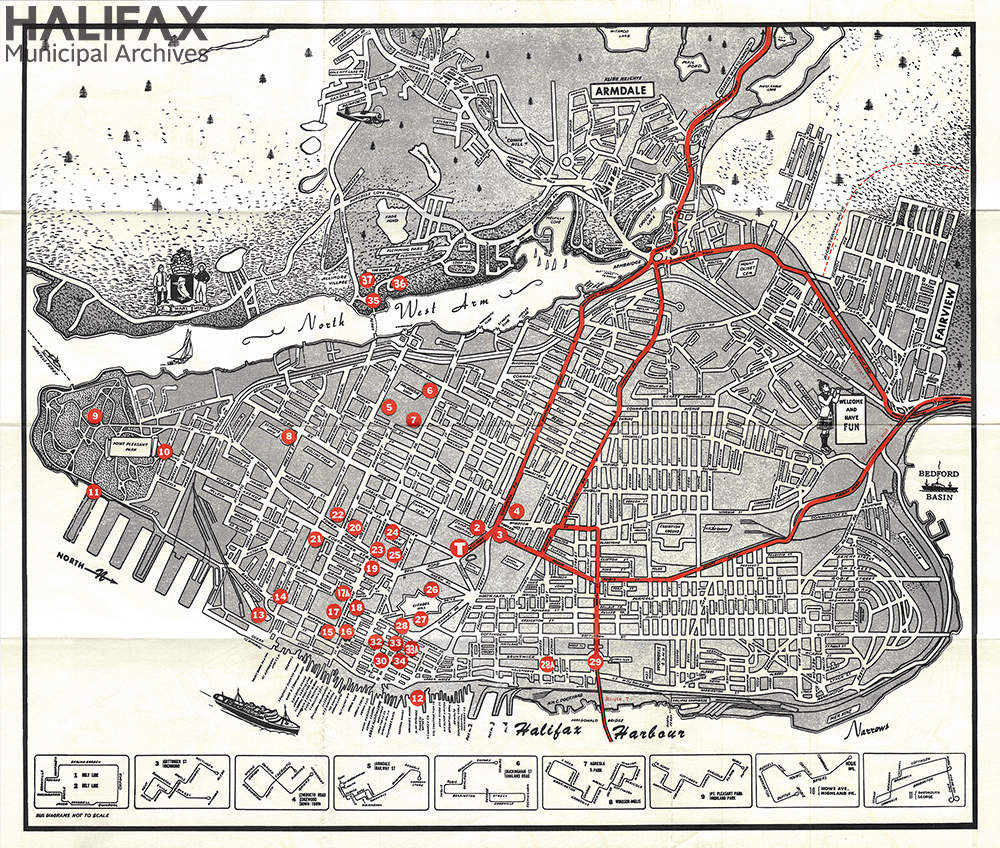 Black and white map showing Halifax peninsula and North West Arm, with red lines and dots to show specific routes and landmarks.