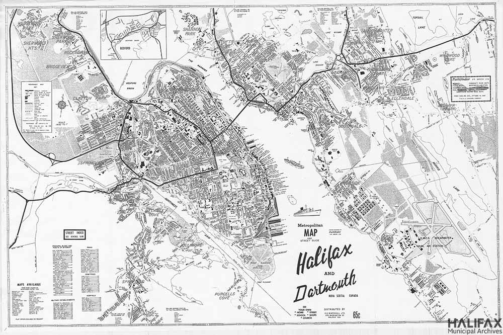 Black and white map of Halifax peninsula and downtown Dartmouth, showing streets and locations of buildings indicated by black dots.