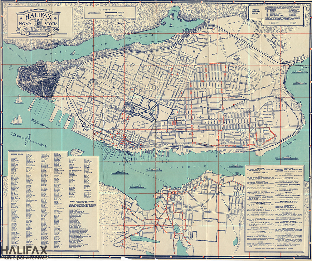 Colour map of Halifax peninsula, Halifax Harbour, North West Arm, and downtown Dartmouth showing streets and landmarks.