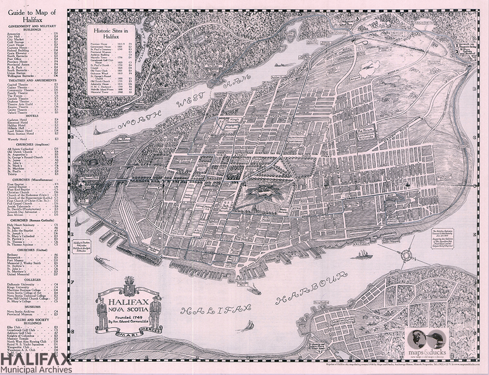 A Halifax tourist map showing the peninsula, Dartmouth and Armdale, Williams Lake areas. Map shows streets, railways, forts, airport, parks, names public buildings. There is a key to prominent public buildings, and clubs.
