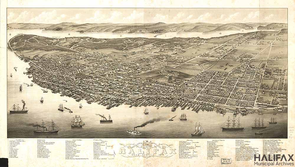 Sepia coloured map of Halifax peninsula showing a birds-eye view, with streets, buildings, wharves, and natural features.