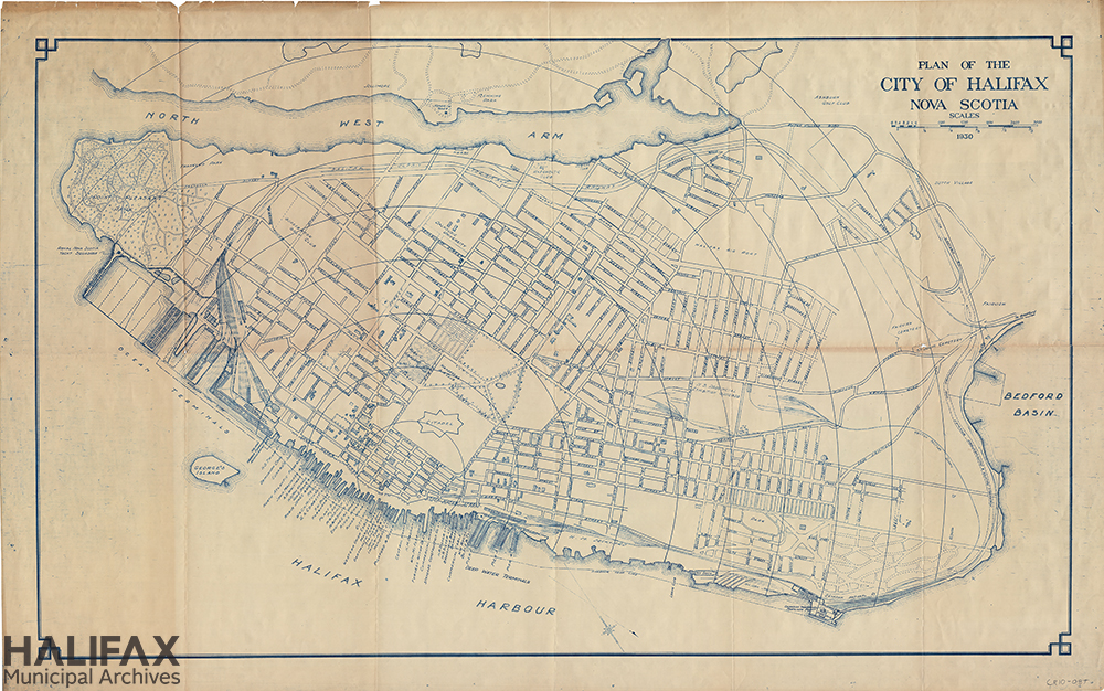Sepia map with blue lines showing the Halifax peninsula, including some building footprints and walking paths.