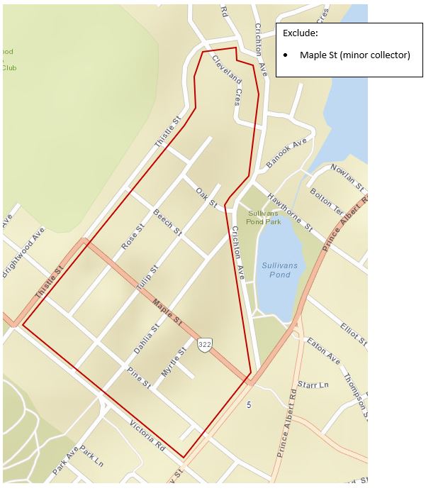 A map of the speed limit reductions in Dartmouth Centre's Flower Streets