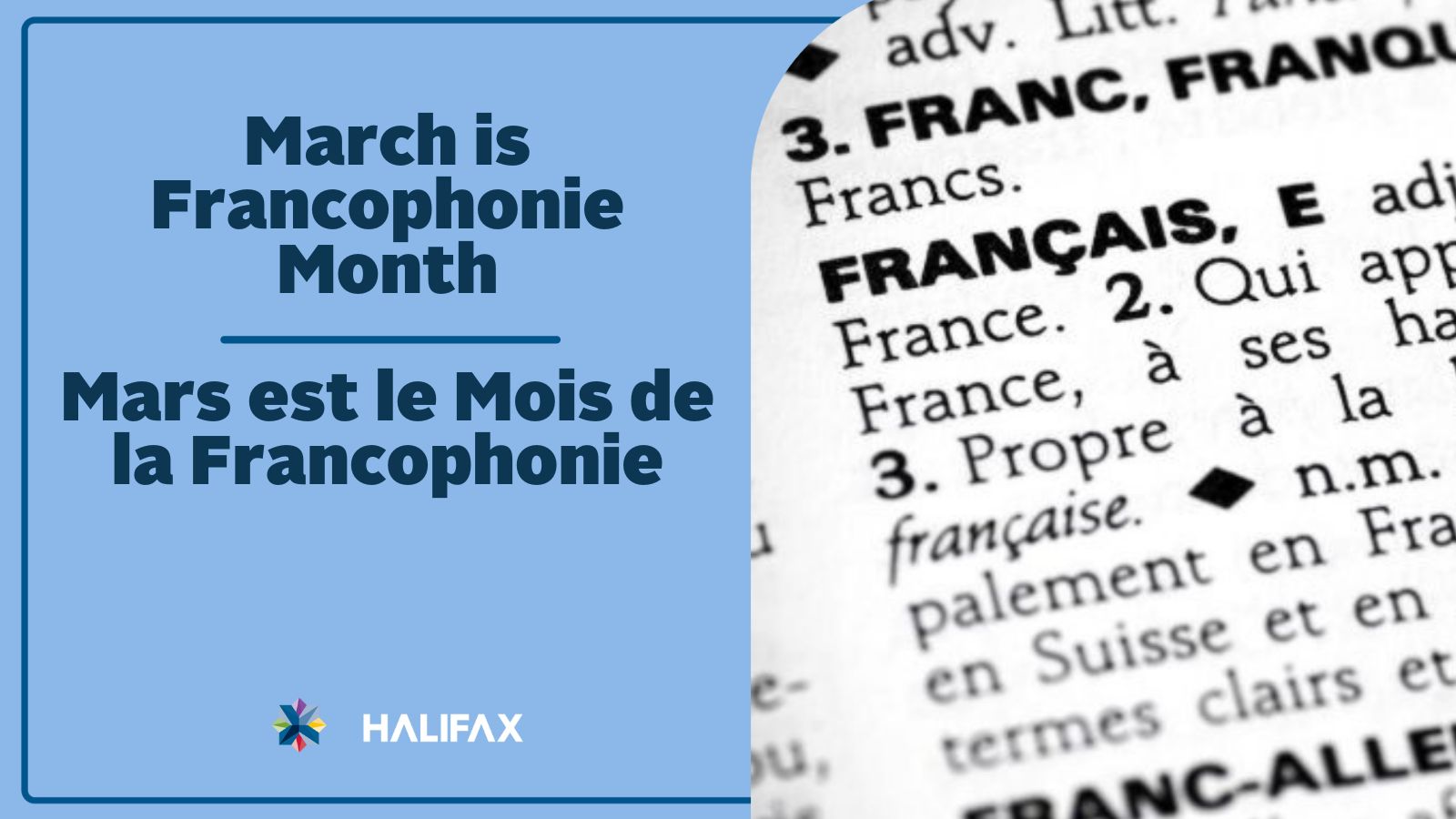 March is Francophonie Month in English and French, dictionary page showing the word français