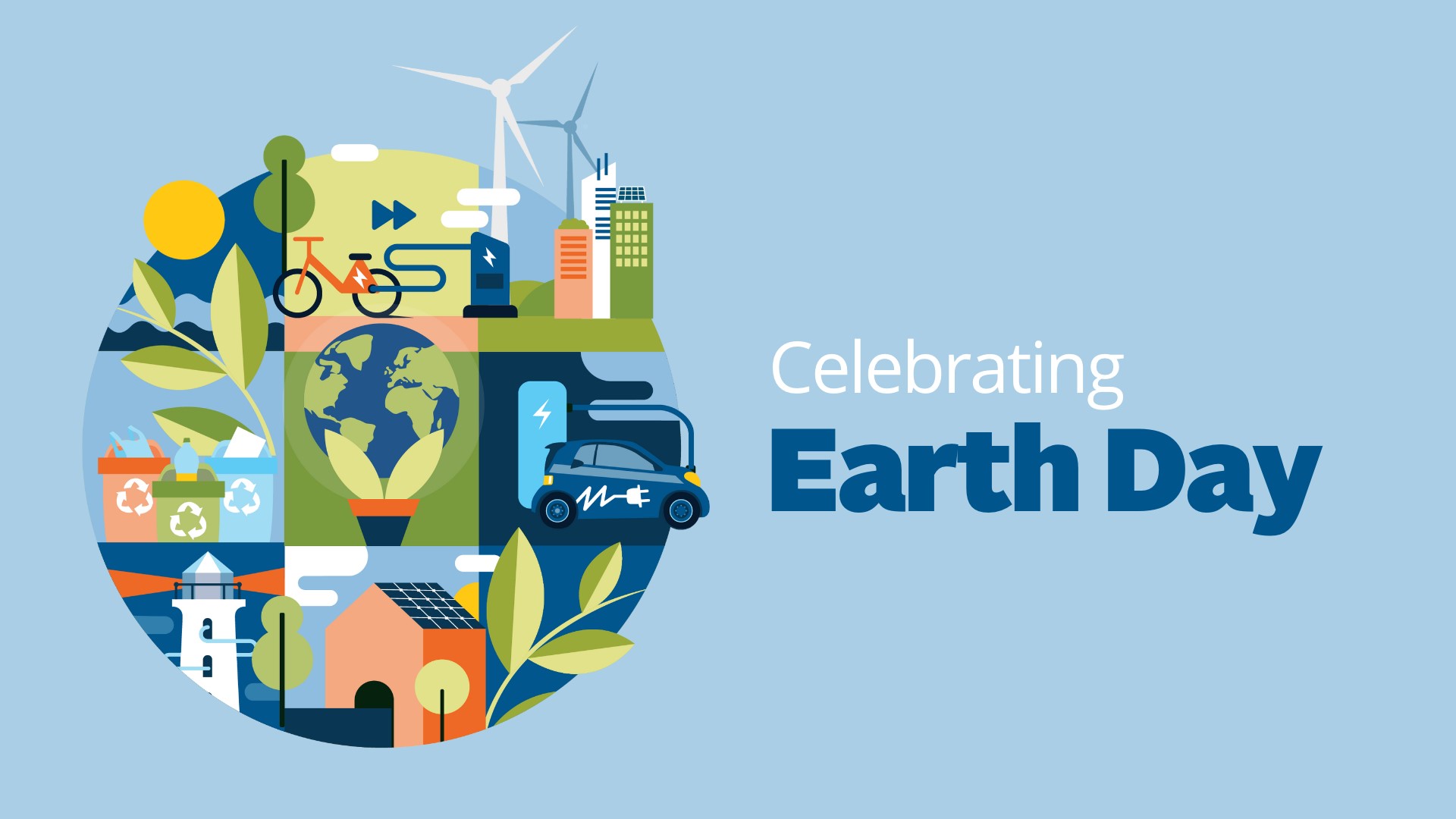 icons representing climate action with the words "celebrating Earth Day" over a light blue background