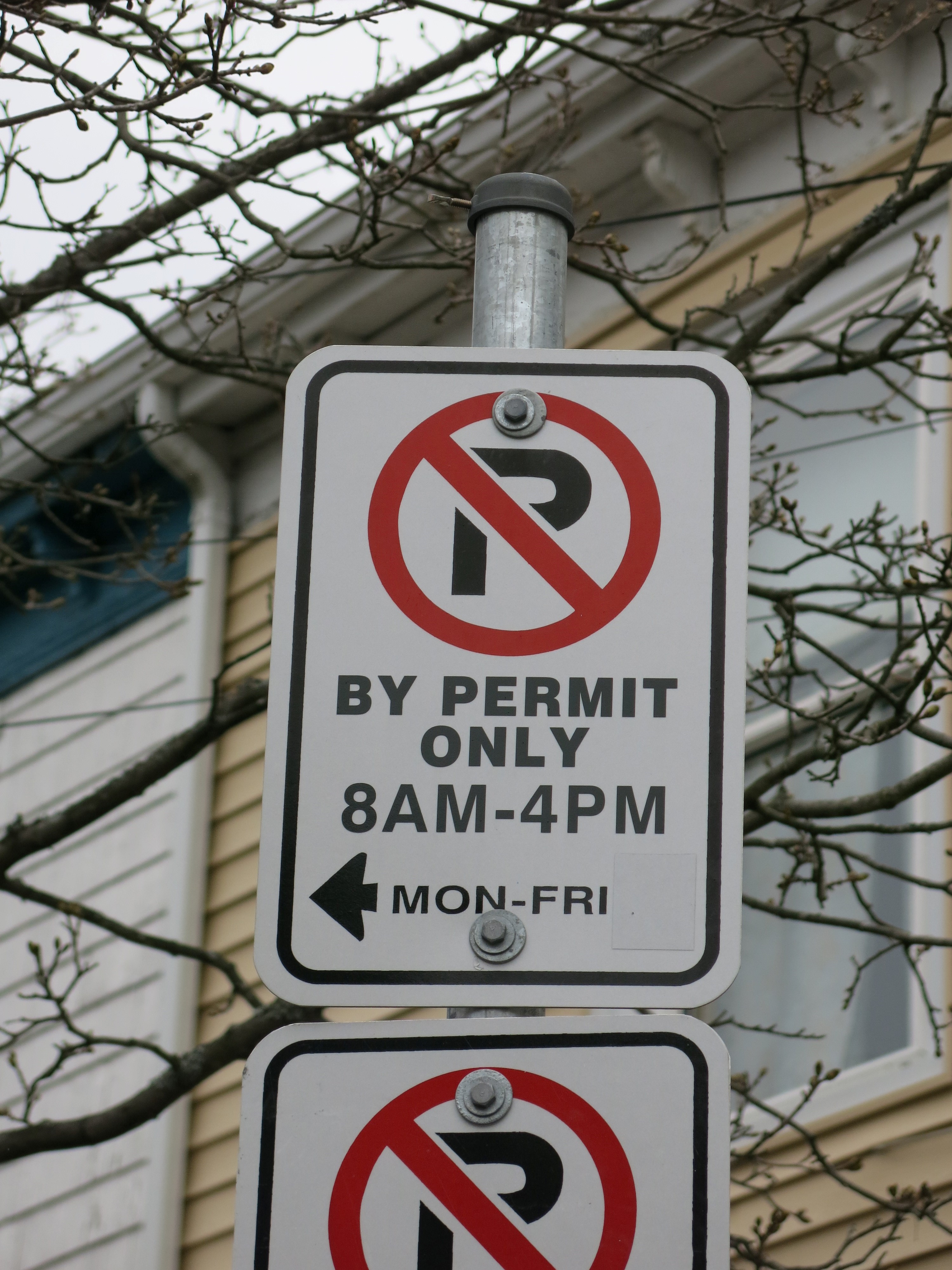 A municipal "No Parking, By Permit Only" sign with tree branches and a house in the background.