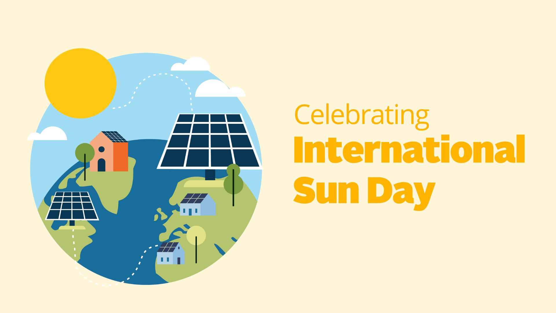 An illustration of a street with solar panels and trees with the words celebrating international sun day to the right 