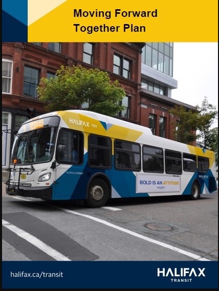 Moving Forward Together Plan cover page (A Halifax Transit bus on a street corner with the study title at the top in Halifax Transit logo layout)