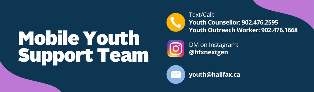 text says "Mobile Youth Support Team" with youth@halifax.ca email and @hfxnextgen Instagram account