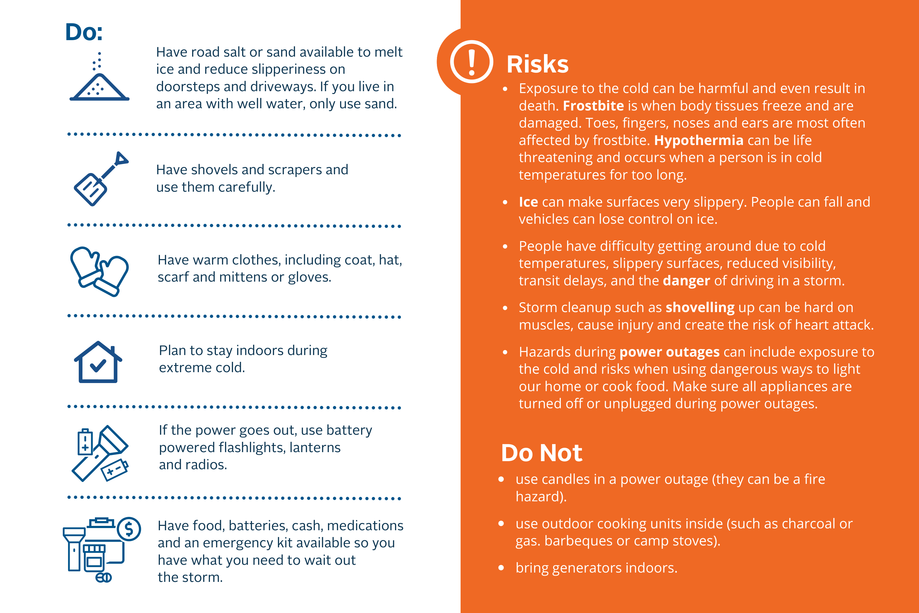 Infographic containing things you should do and major risks during a winter storm.