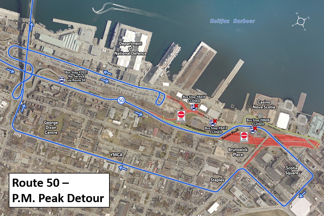 A map of the Route 50's p.m. detour with arrows showing the bus's direction of travel