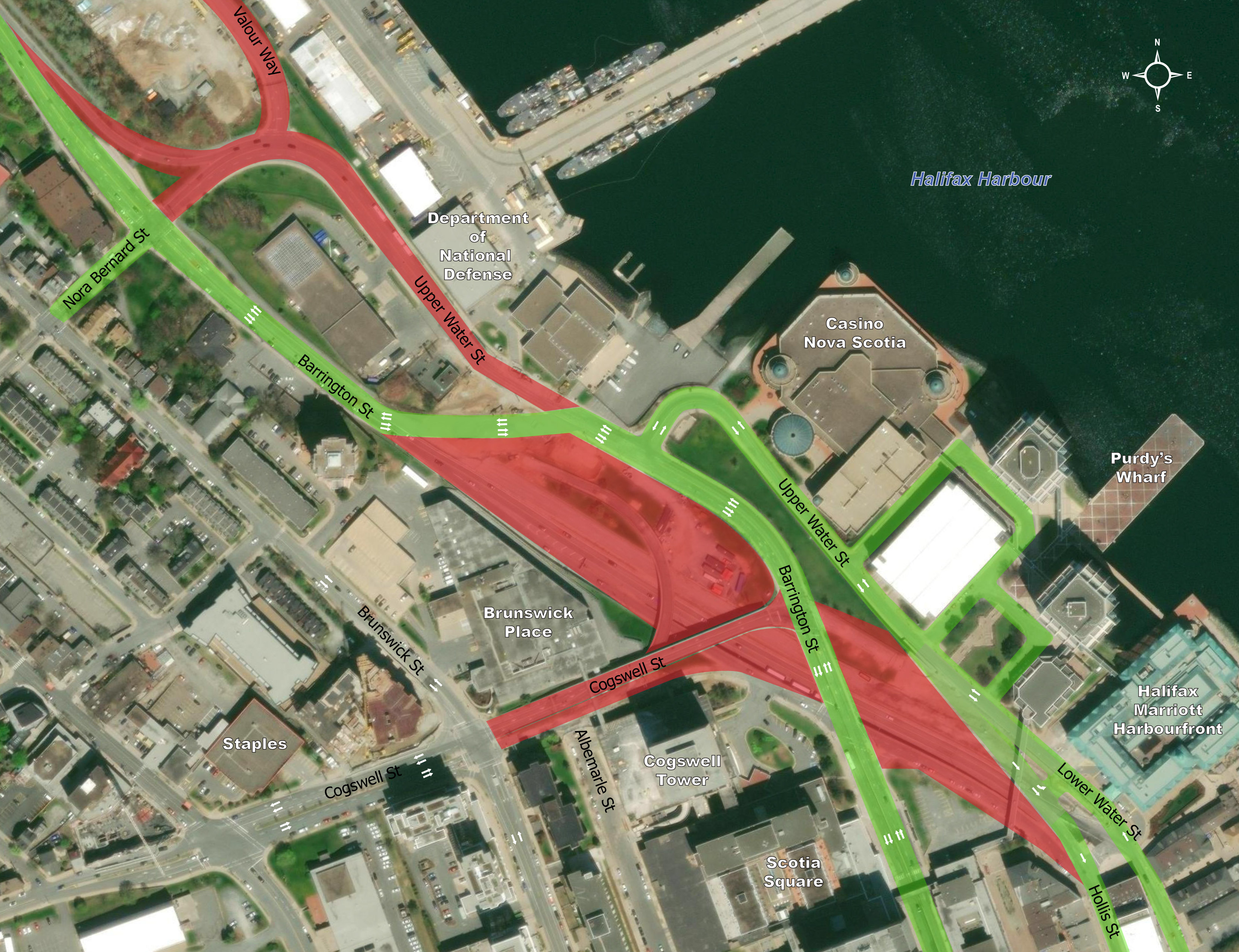 A current aerial view of the Cogswell District, with all the permanent closures coloured in red. All roadways in green are passable.