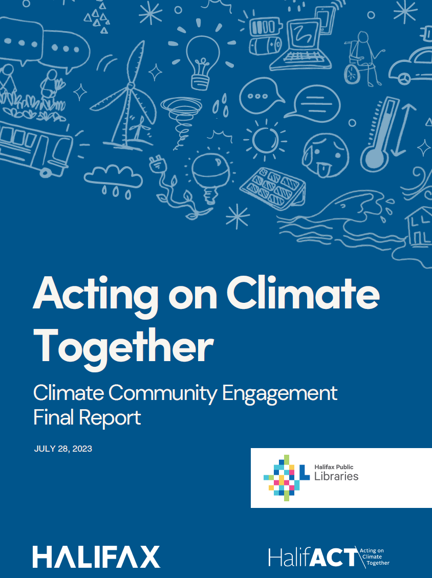 Cover of Community Engagement final report with illustrations from the engagements of thermometers and wind turbines