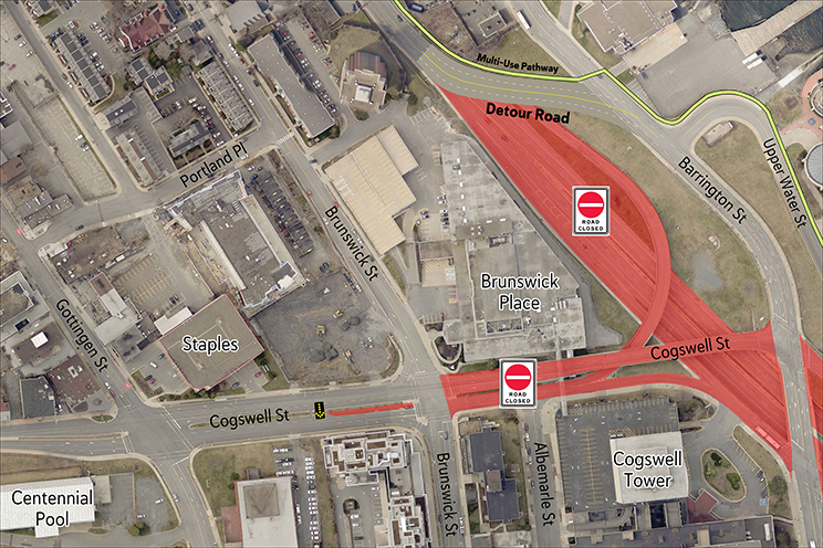 A map showing an aerial view of Cogswell District and various closed roads and ramps in the area, including the closed northbound ramp to Barrington St., and Cogswell St between Brunswick St and Barrington St.