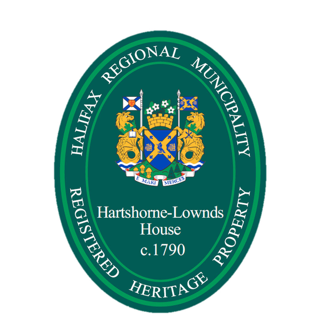 Example HRM Heritage Plaque showing a green oval bearing the municipal coat of arms and text reading Hartshorne-Lownds House c.1790