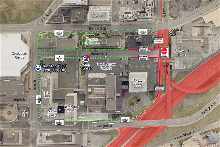 Aerial map showing the area around Scotia Square with road closures and detours for the 300 series bus Routes. 