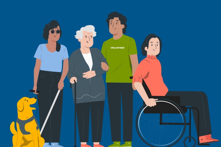 A graphic image of a group of people. A woman with a seeing eye dog, an elderly woman, a man in a green shirt, a man in a wheel chair. 
