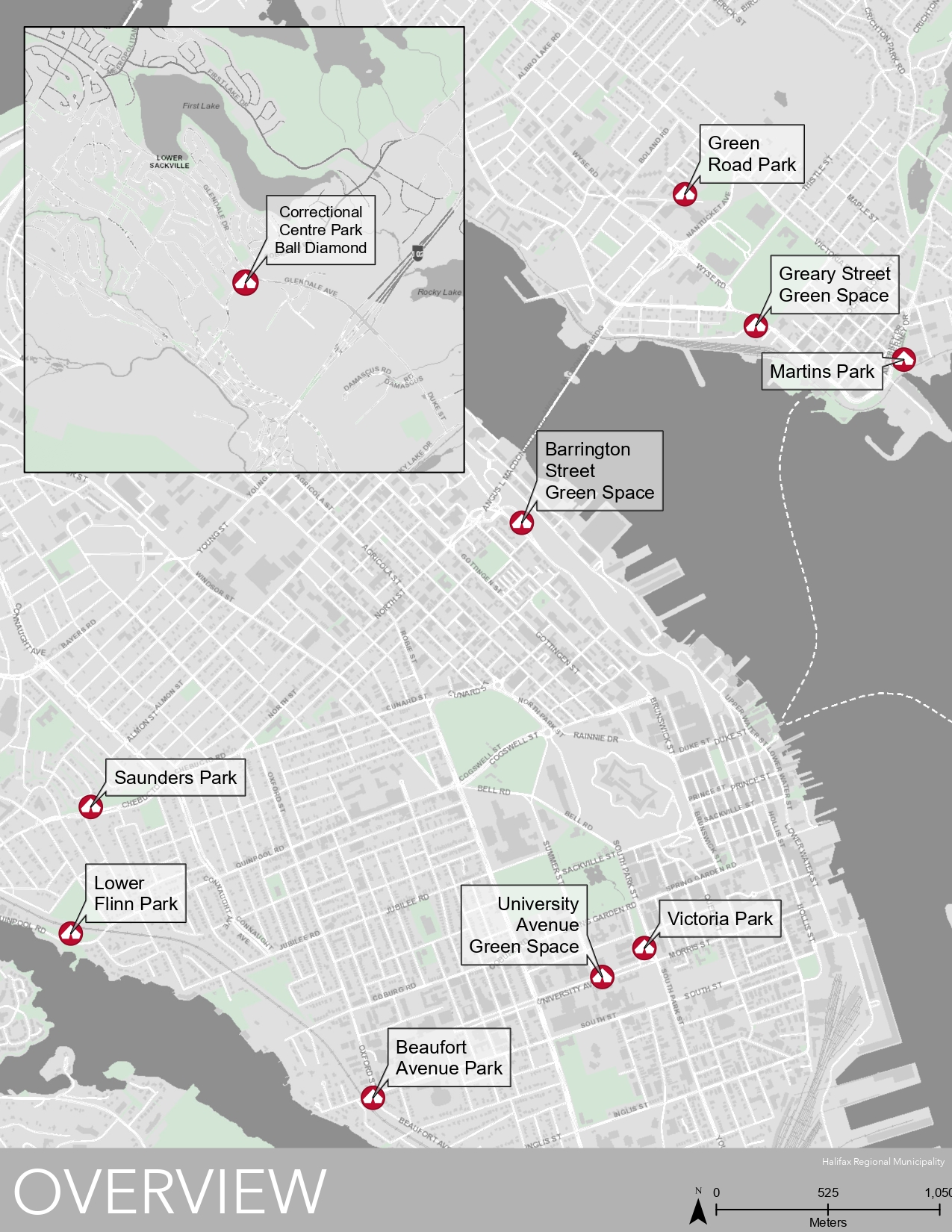 Alt text: An overview map of the designated outdoor sheltering locations.