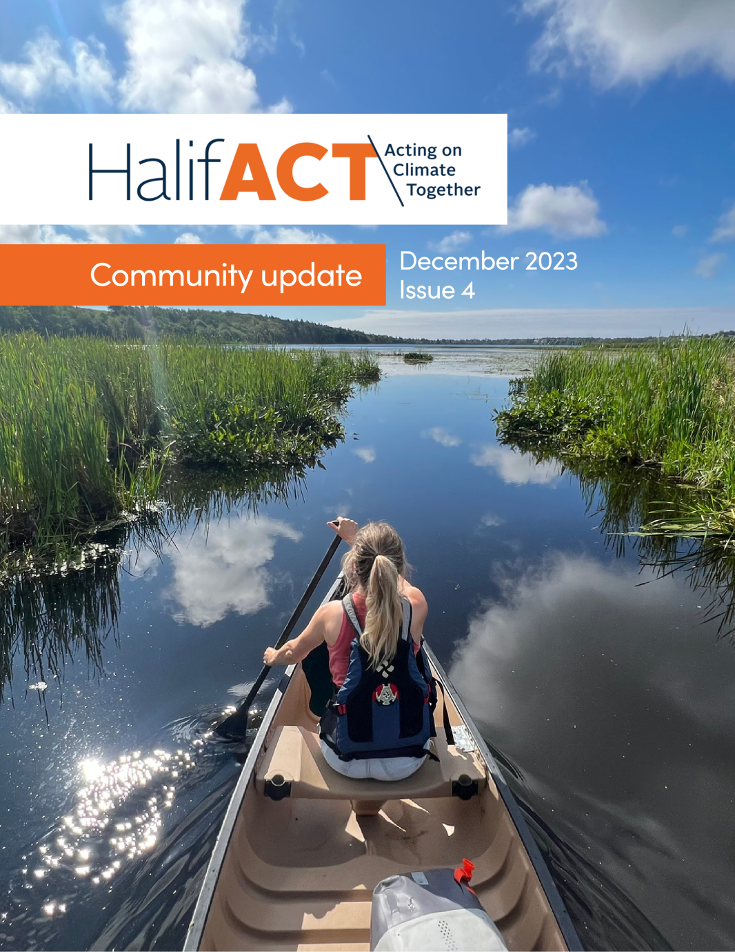 Cover of community update issue 4, with LakeWatchers volunteer rowing out into a sunny lake