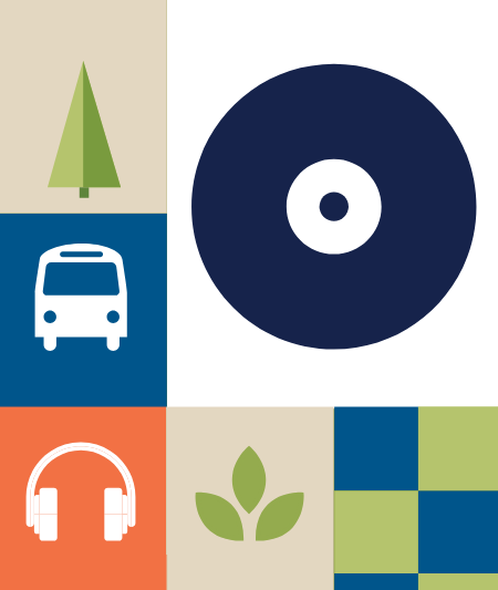 Illustration of a record, leaf, headphones, bus and tree