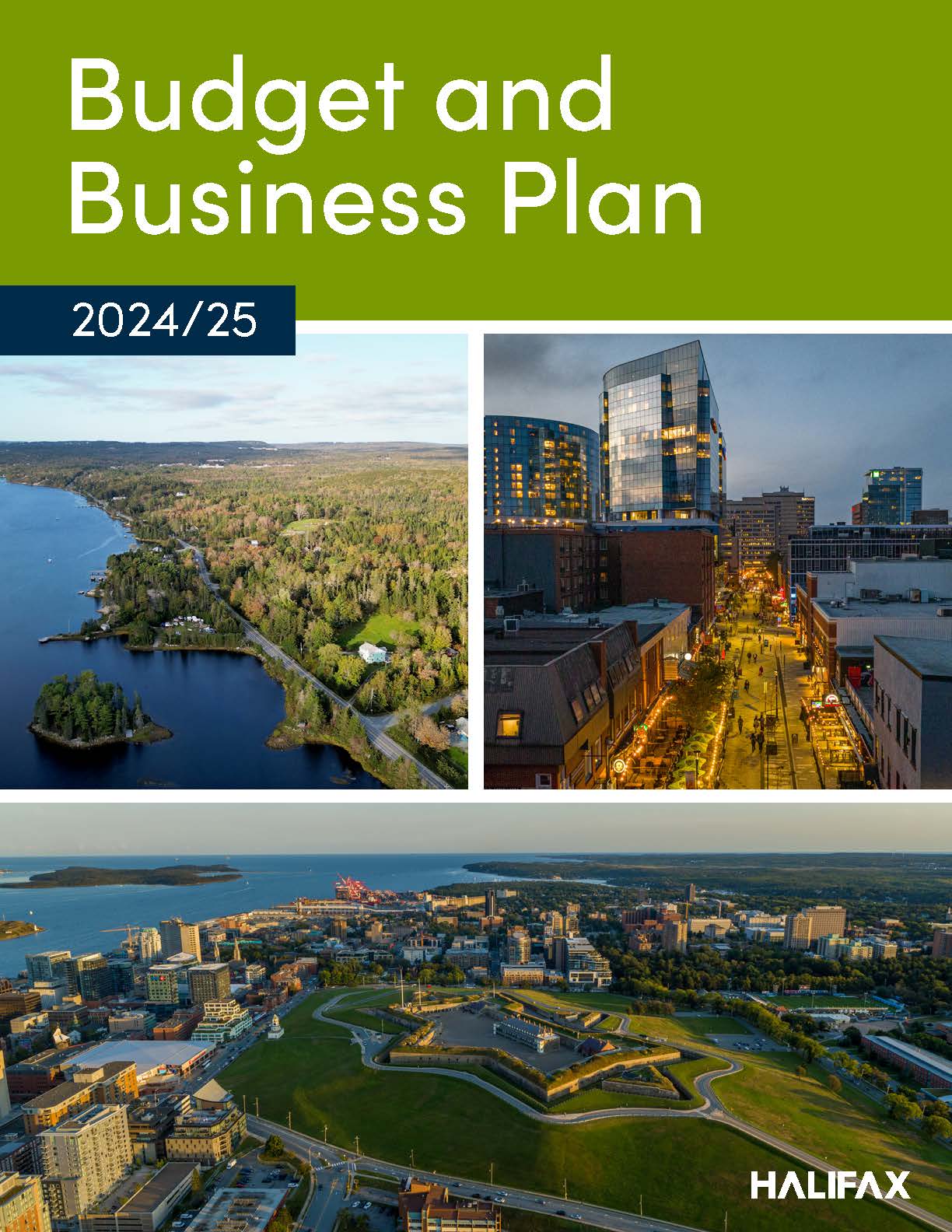 Budget and Business Plan 2024/25 with photos of landscapes and streetscapes throughout the municipality.