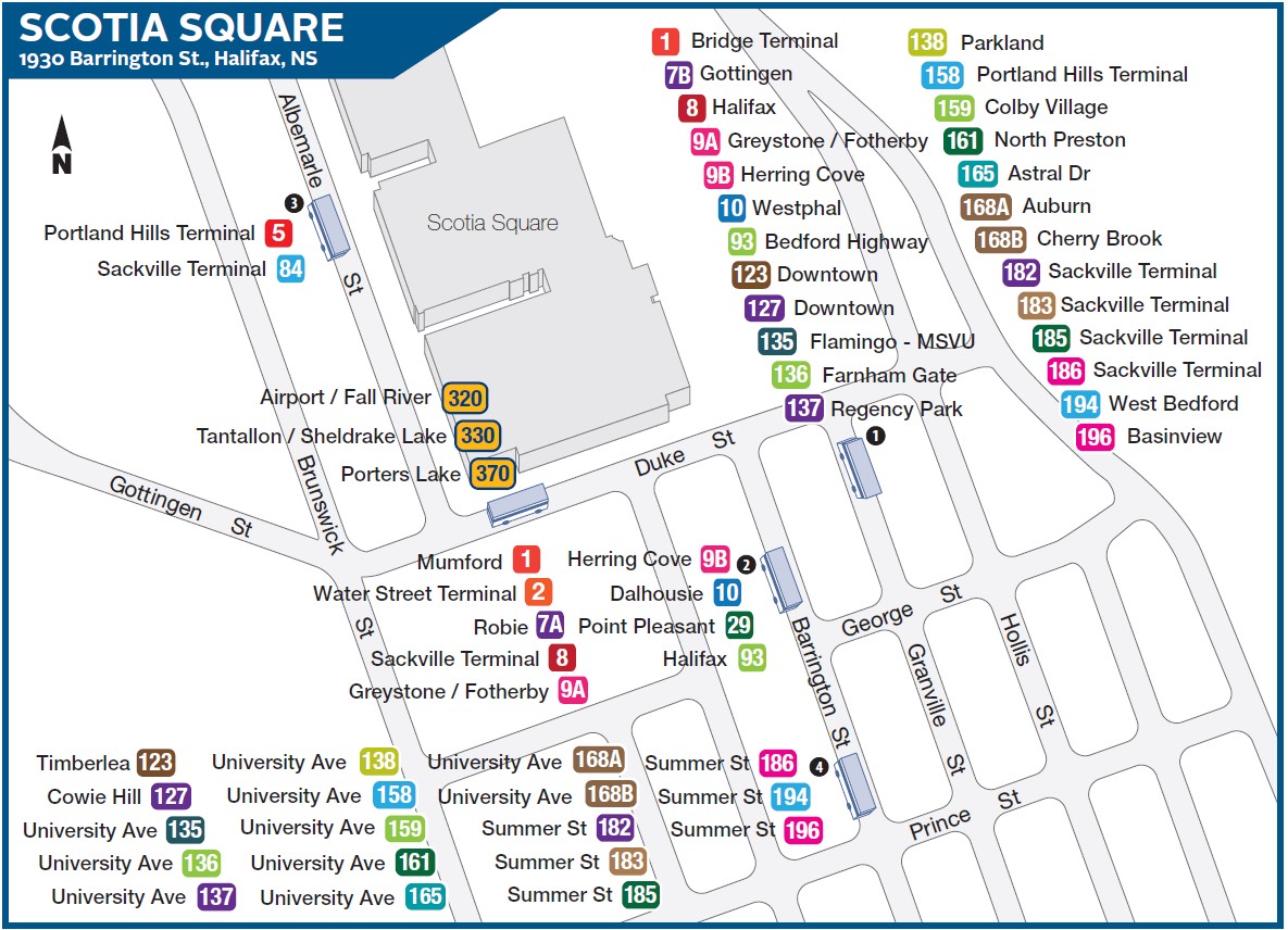 A map showing the new Scotia Square Terminal Bays, effective May 20, 2024.