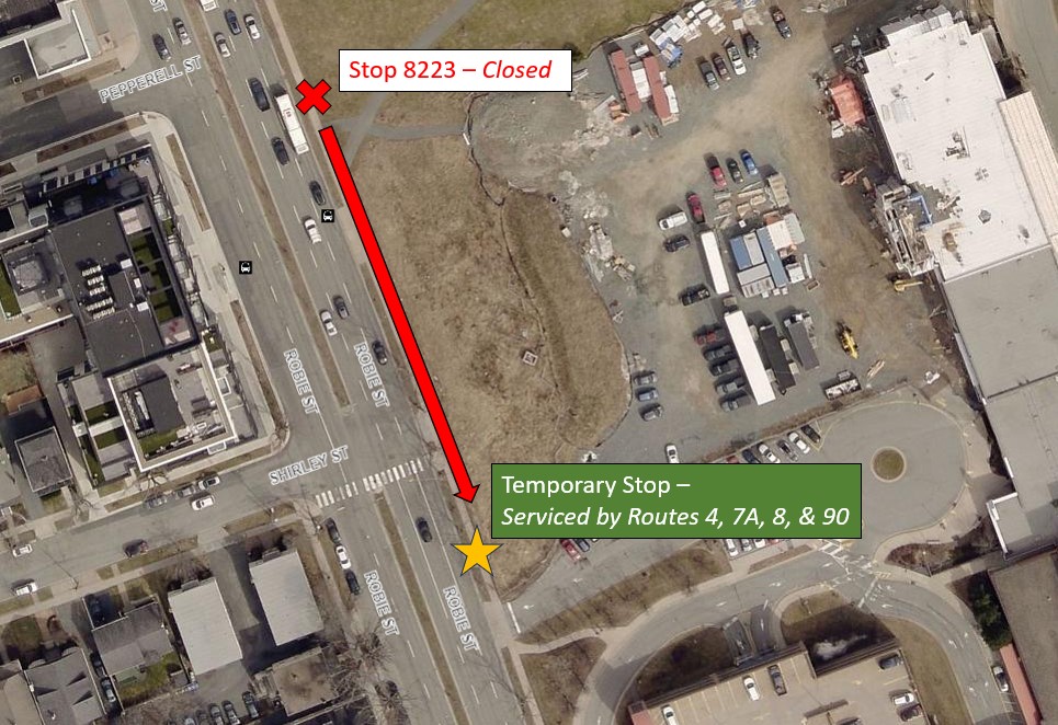 A map showing the locations of Stop 8223 and its associated temporary stop.