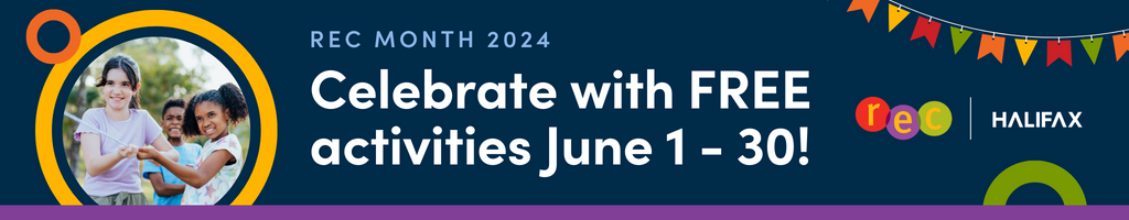 The words "REC MONTH 2024 - celebrate with free activities June 1-30" on a dark blue background with party streamers and bright, colour circle designs. 