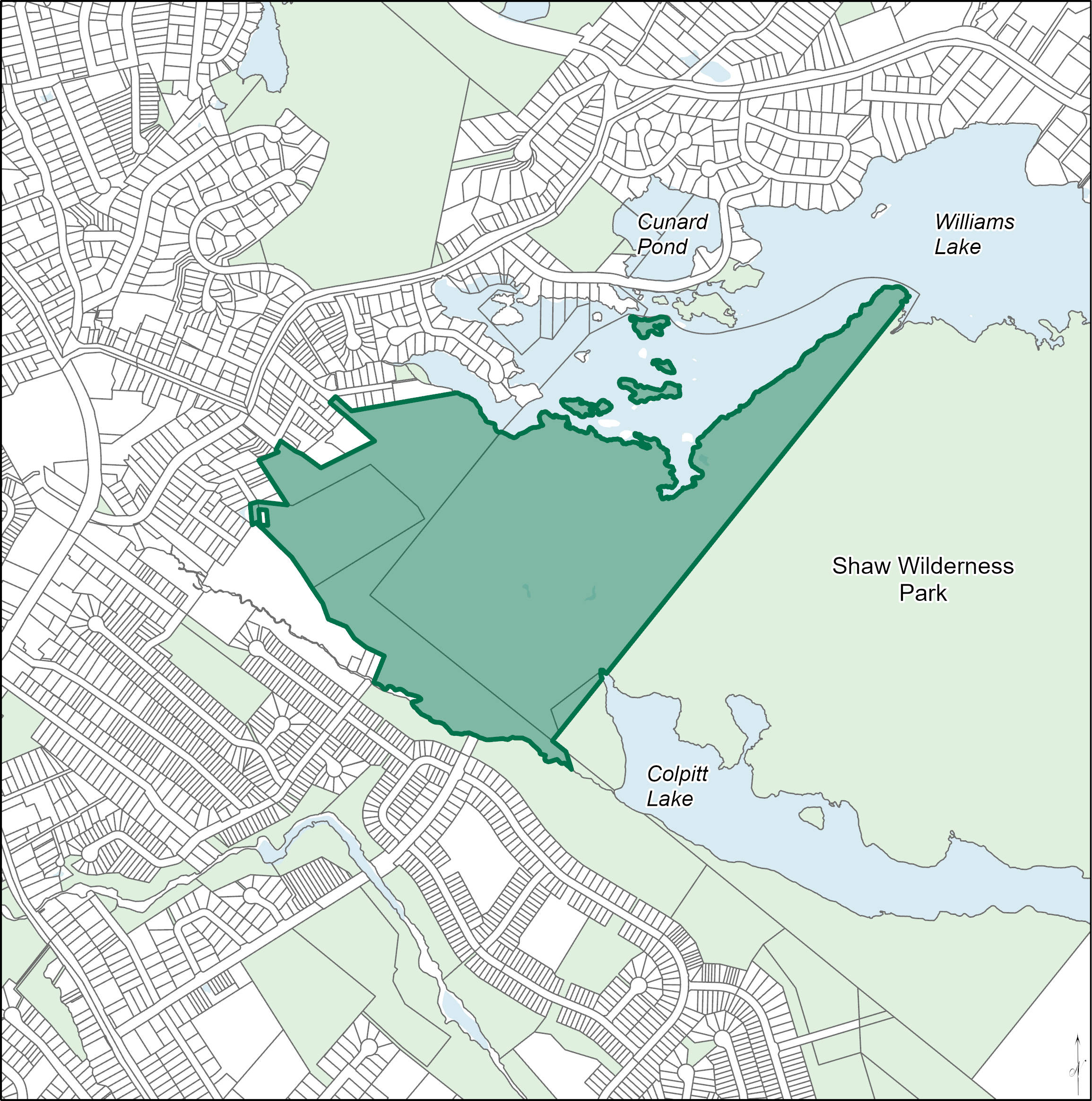 Image of a map of Williams Lake and the surrounding areas/communities with a highlighted section showing approximately 46 hectares of undeveloped land between Williams Lake, Shaw Wilderness Park, Danforth Road and Williams Lake Road.