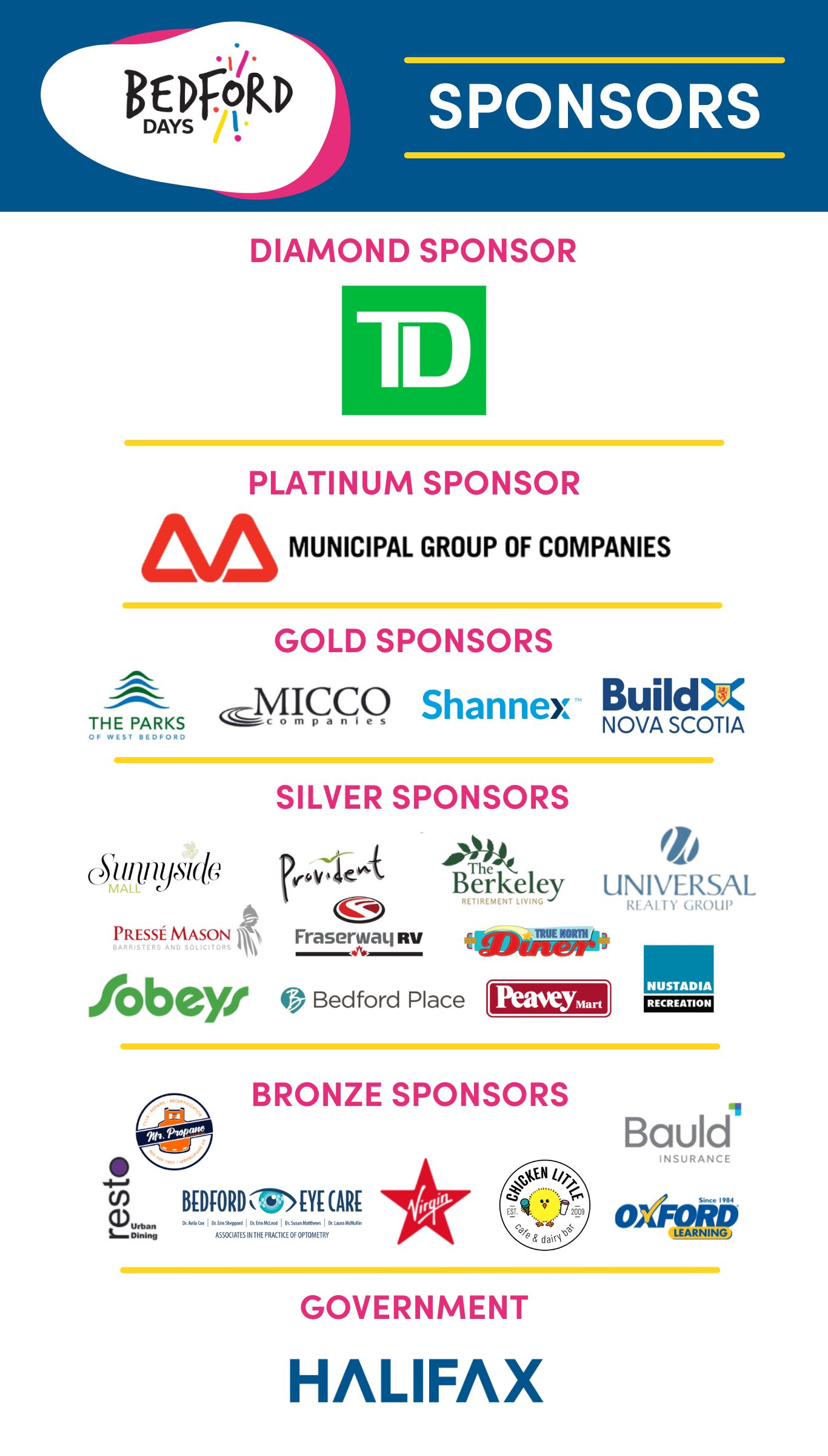 Bedford Days sponsors - divided by sponsorship level and displayed by individual company logos.