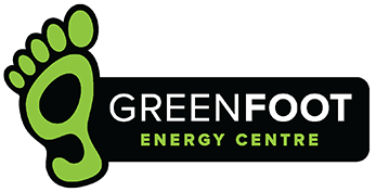 Greenfoot Energy Centre logo with large image of green foot and the words Greenfoot Energy Centre