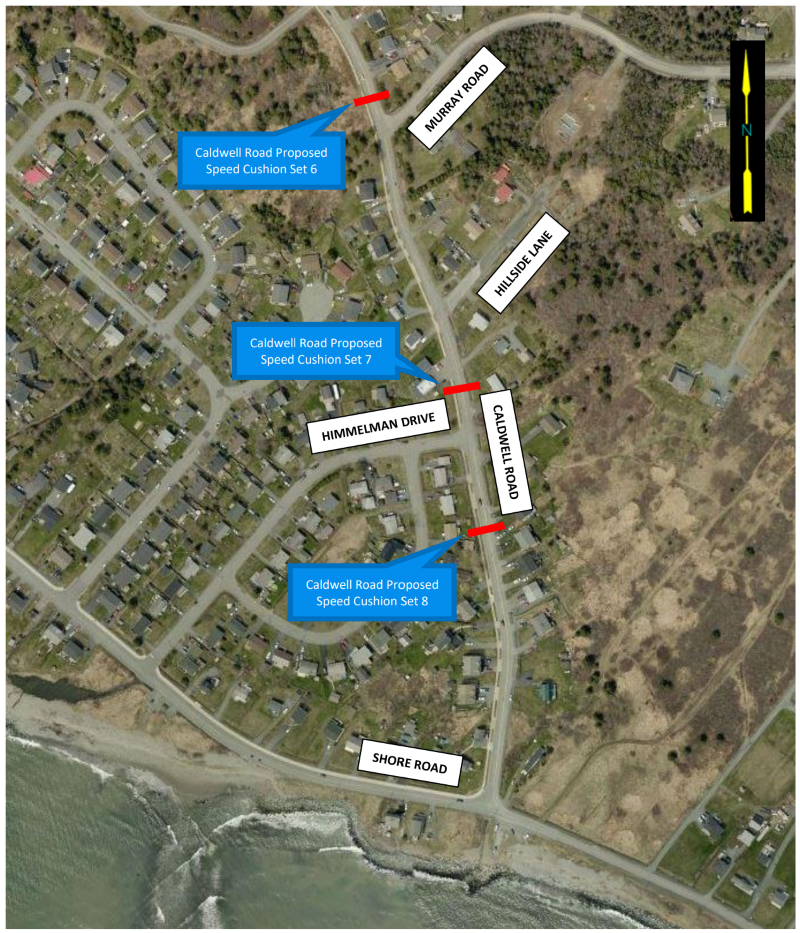 Aerial map of Caldwell Road showing proposed locations for three new speed cushions starting just before Murray Road through until shortly beyond Himmelman Drive.