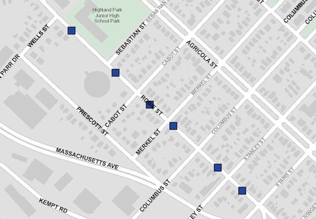 Project map showing locations of speed humps between Wells and Sebastian Streets, Sebastian and Cabot Streets, Cabot and Merkel Streets, Merkel and Columbus Streets, Columbus and Stanley Streets and Stanley and Stairs Streets.