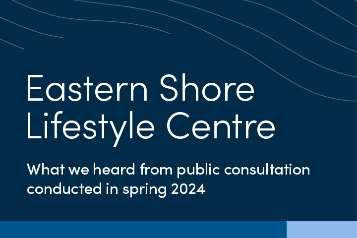 a blue square graphic with white text that reads Eastern Shore Lifestyle Centre - what we heard from public consultation conducted in spring 2024. 