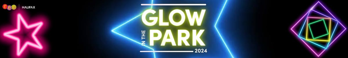 Neon geometric shapes on a black background. Neon text reads: Glow in the park 2024