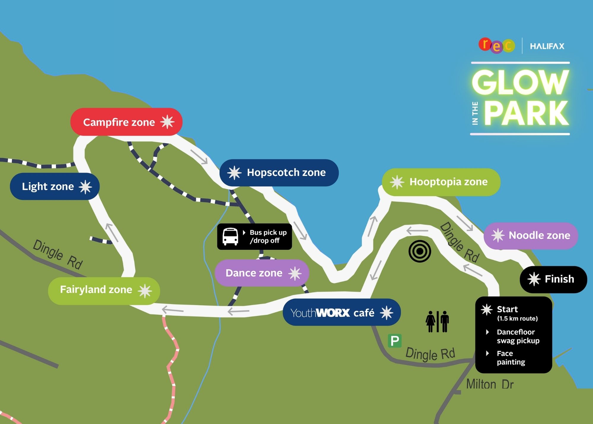 An illustrated aerial map view of the Glow in the Park 2024 event route