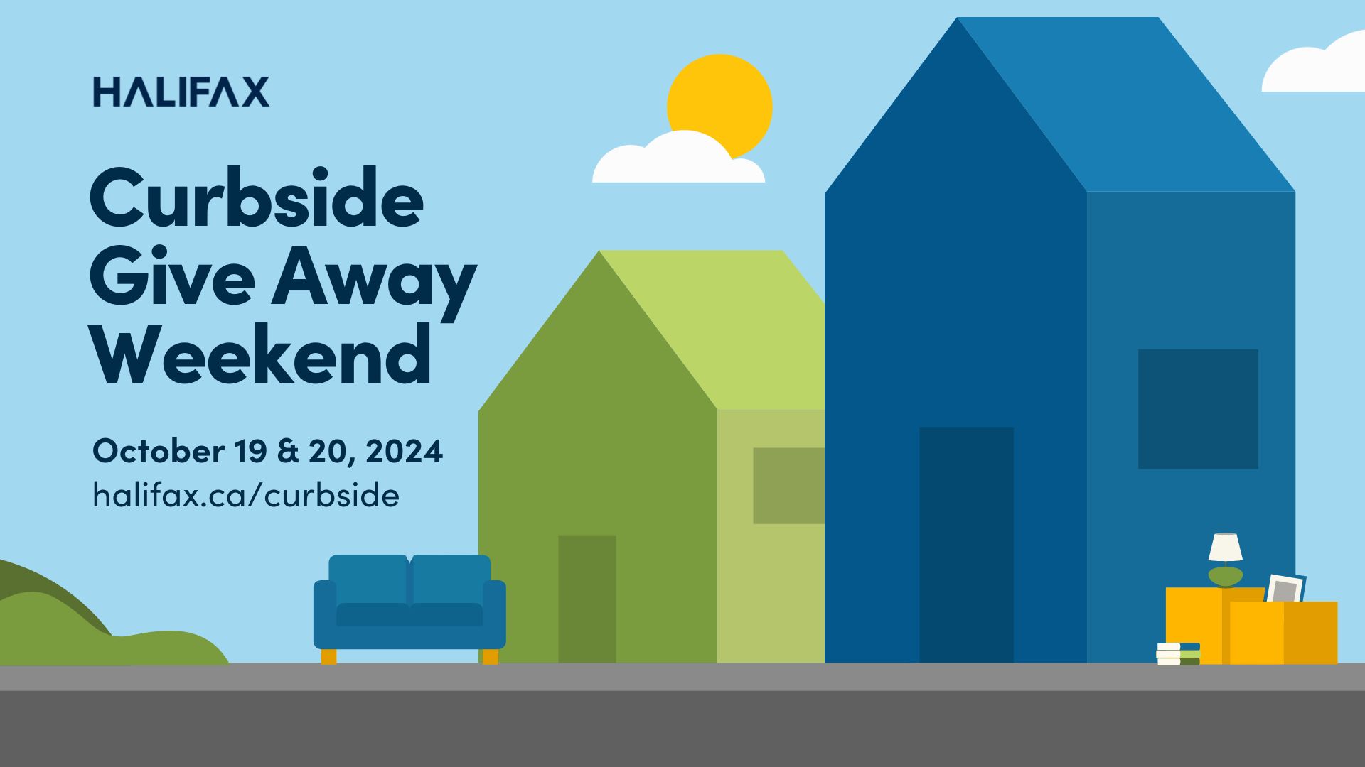 graphic showing an illustration of a street to promote the October 19th and 20th curbside give away weekend.