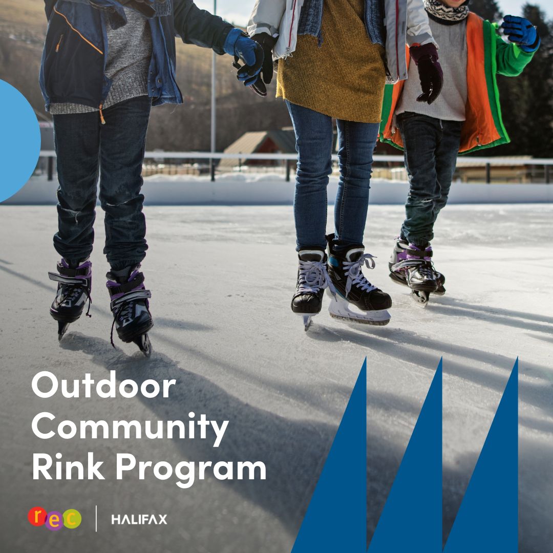 Alt text: text reads - outdoor community rink program in white font overlaying a photograph of three skaters on an outdoor rink with bright geometric accents.