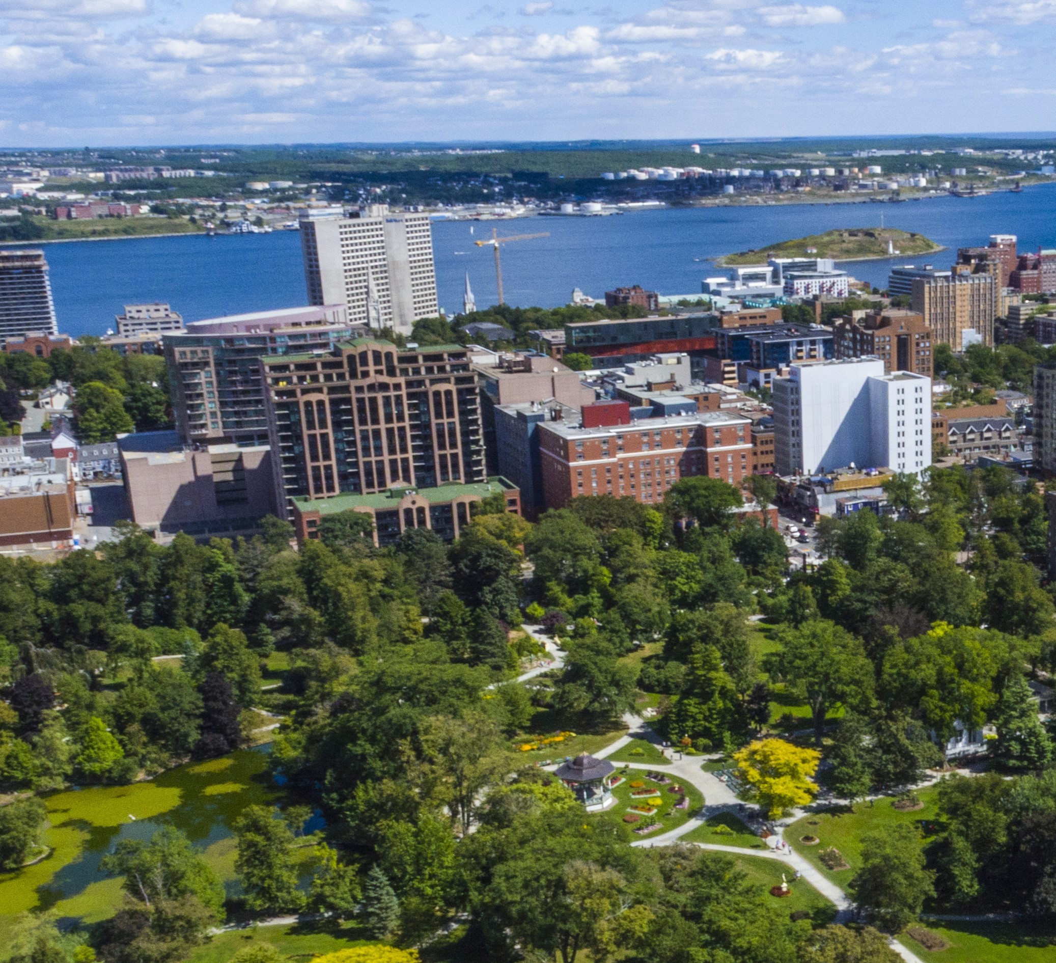 Aerial photo of Halifax with the Public Gardens in view.