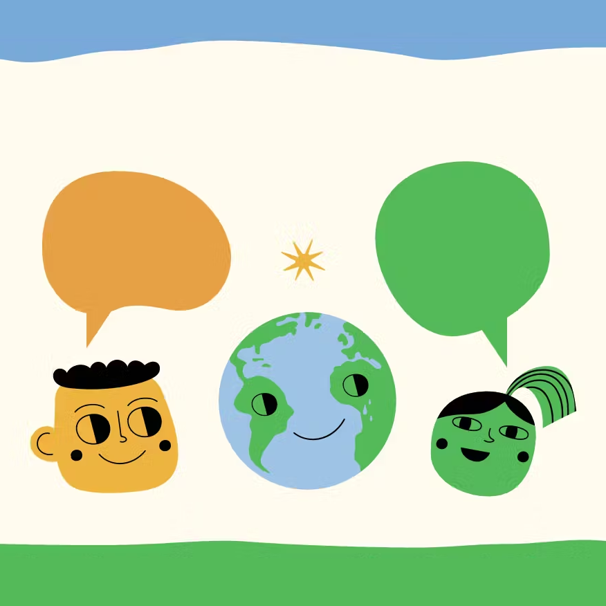 Cartoon images of faces with speech bubbles overhead and a cartoon Earth in the centre.