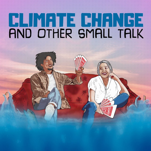 Title card for climate podcast, depicting two people on a couch playing cards while floating in water.